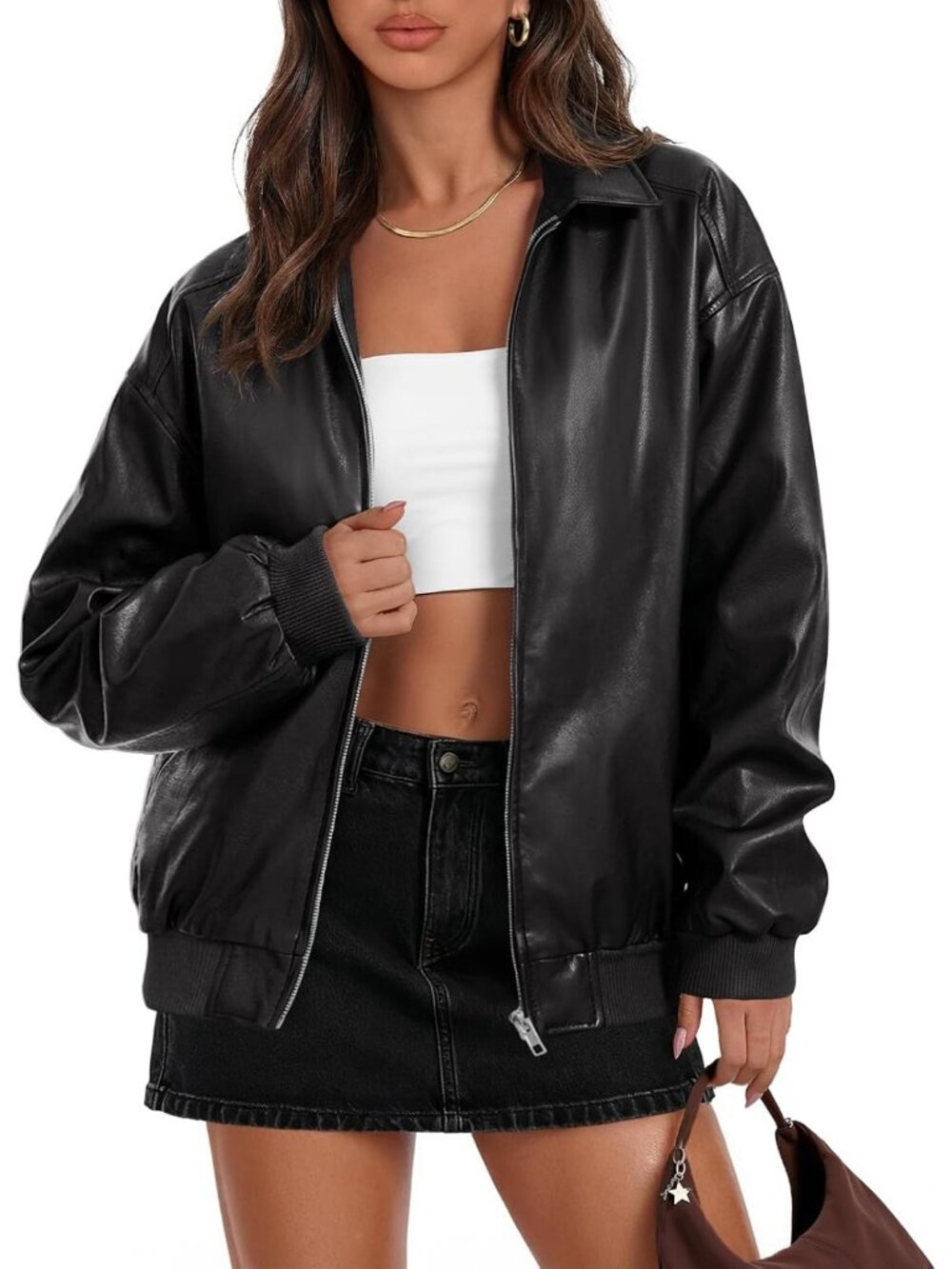 Women's Black Fall Winter Oversized Faux Leather Bomber Jacket Coat Long Sleeve